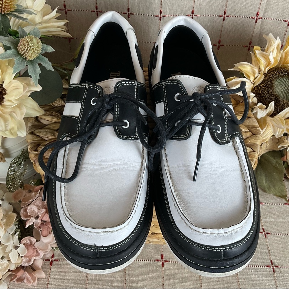 Timberland Boat Shoes Mens Size 11.5 Black & White Leather Deck Shoes PreLoved - Picture 3 of 5